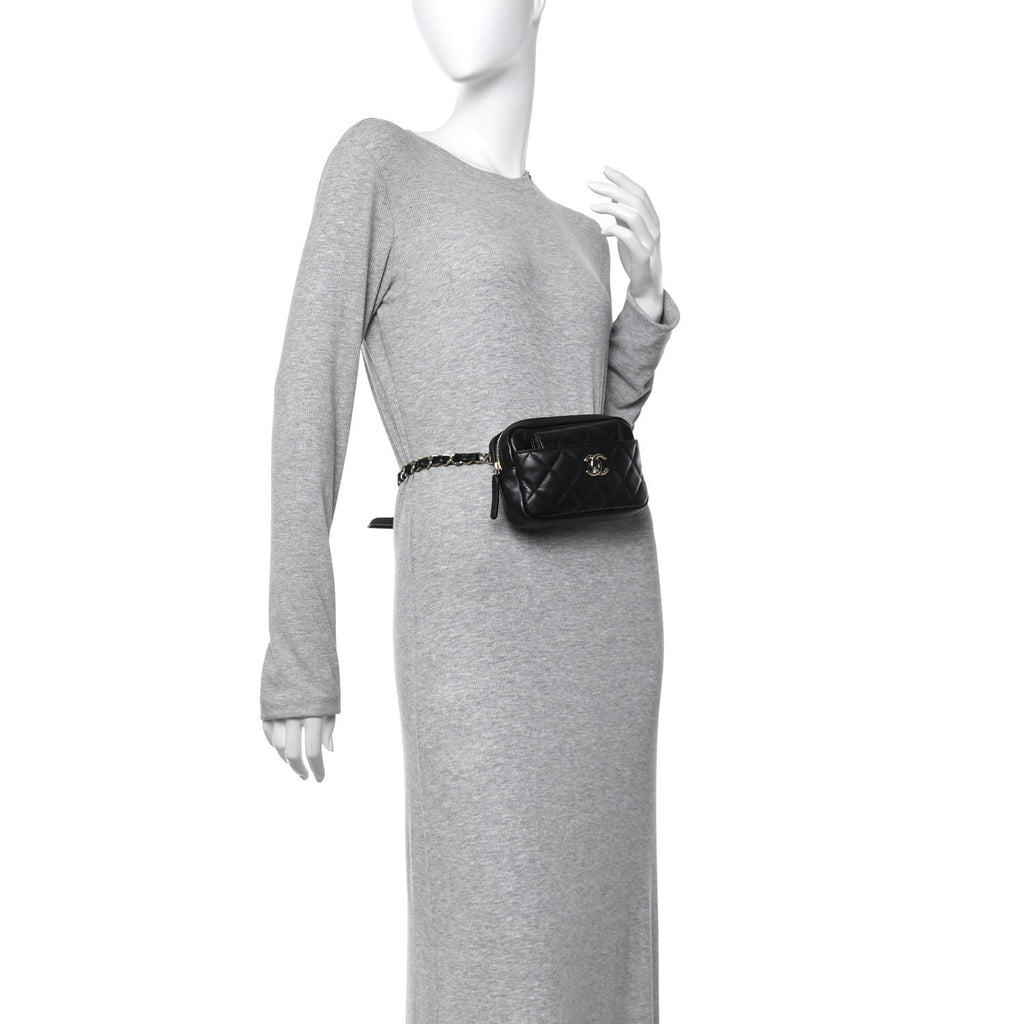 Lambskin Quilted Waist Bag With Pouch Black
