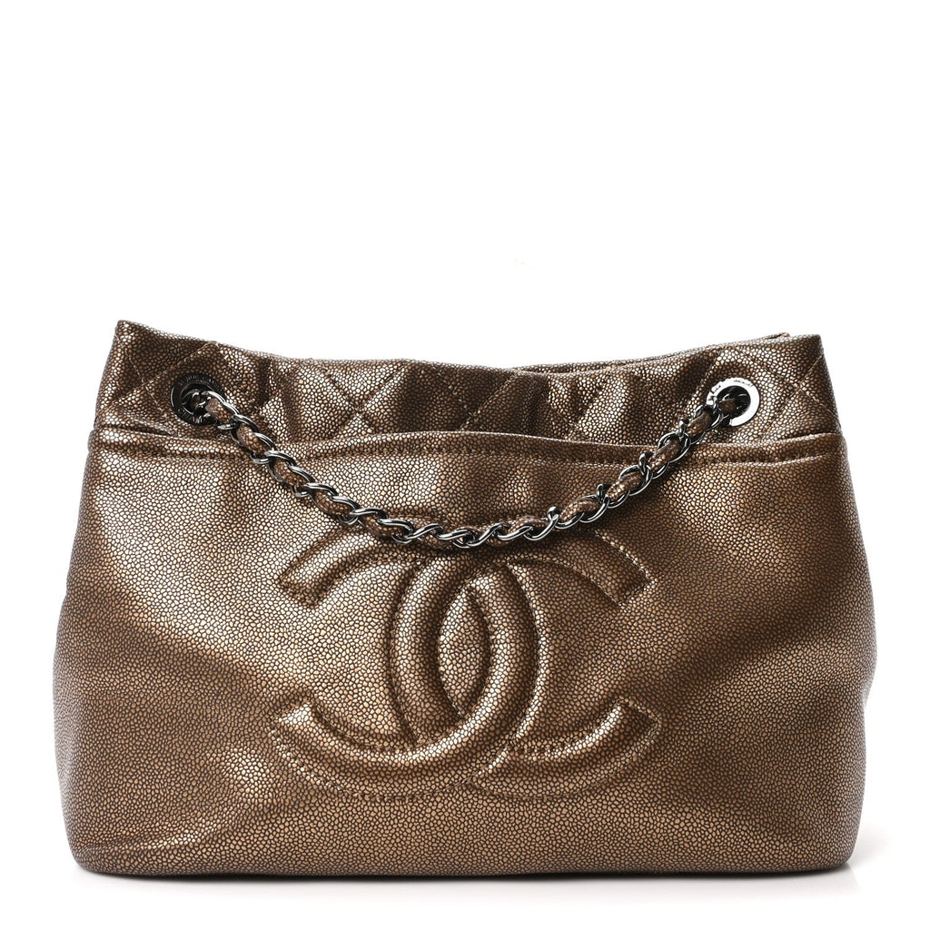 Metallic Caviar Quilted Large Timeless CC Soft Tote Bronze
