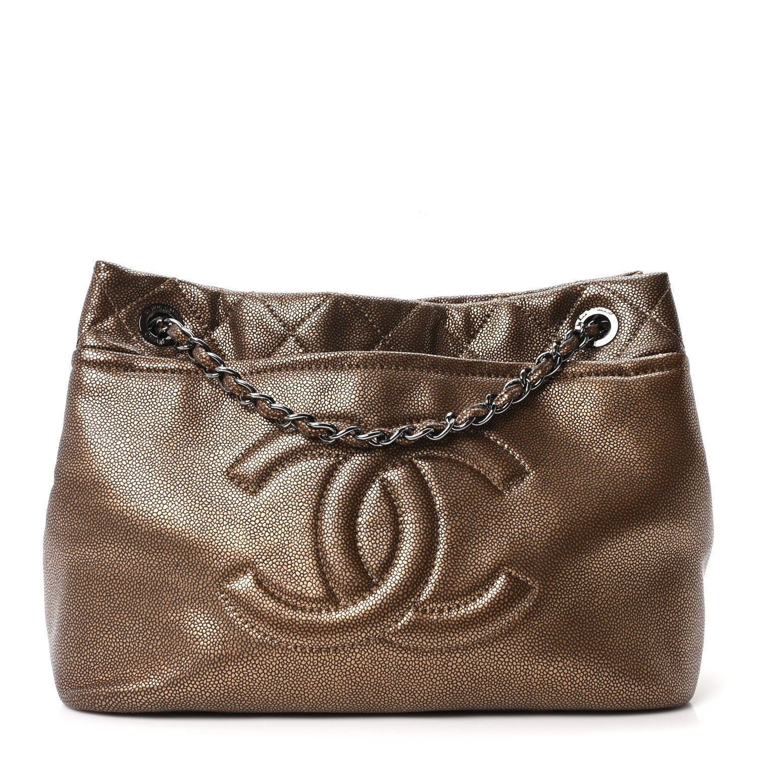 Metallic Caviar Quilted Large Timeless CC Soft Tote Bronze
