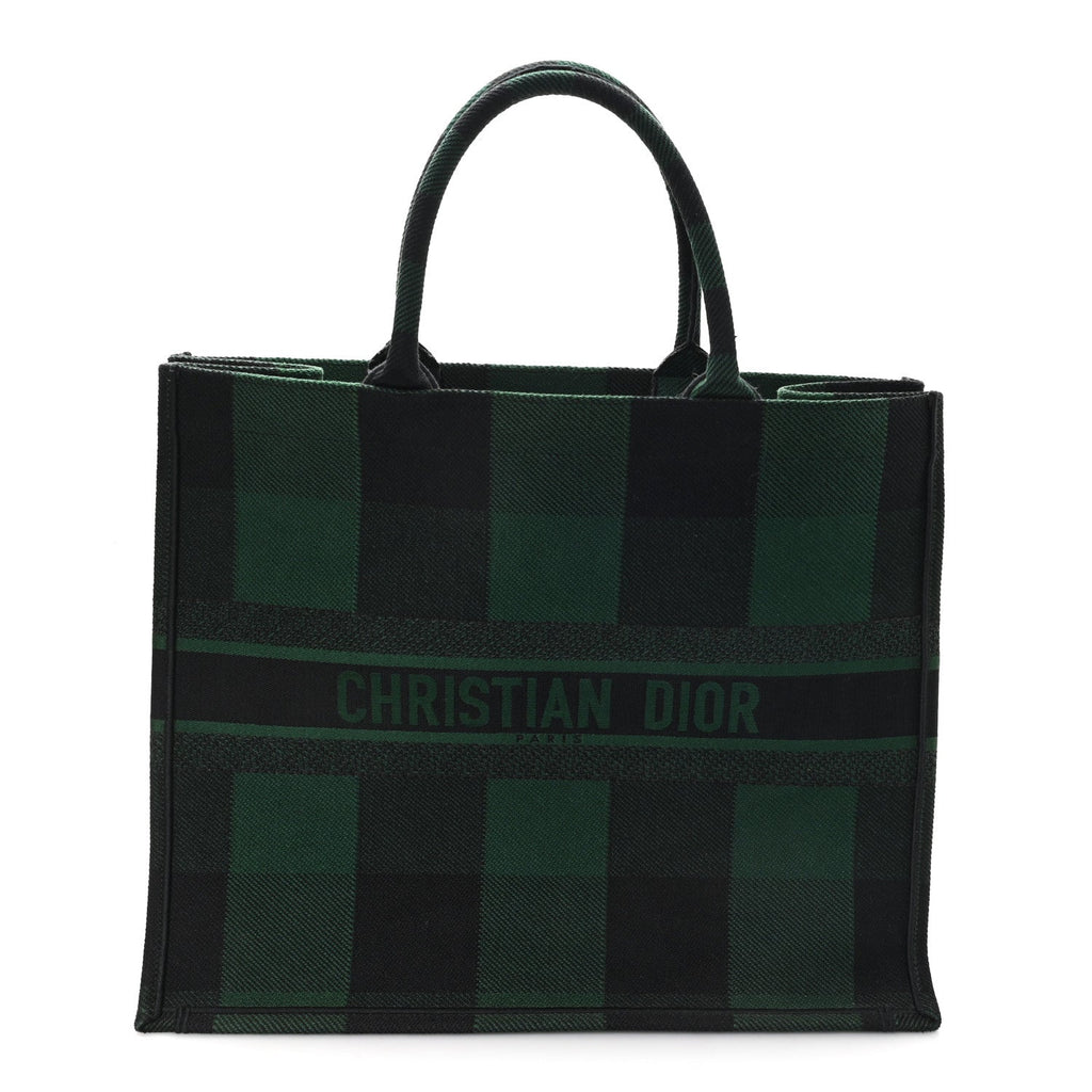 Canvas Embroidered Large Checkered Book Tote Black Green