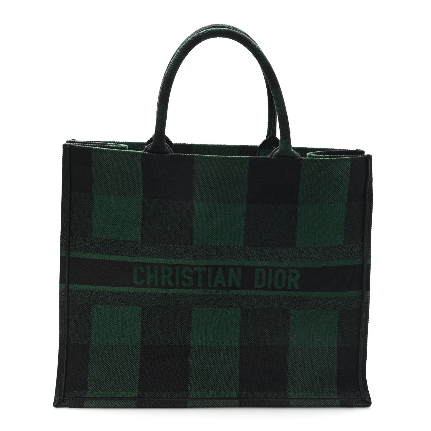 Canvas Embroidered Large Checkered Book Tote Black Green