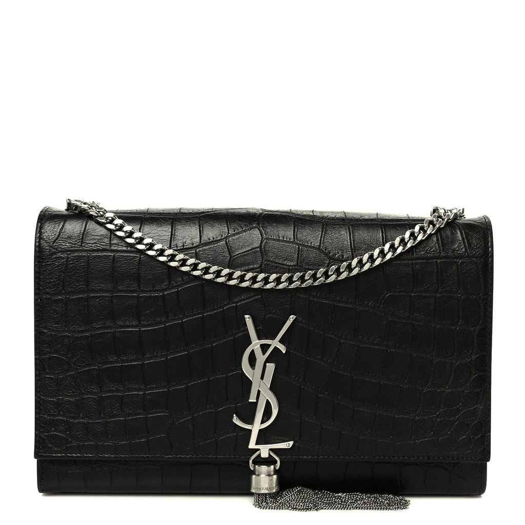 Calfskin Crocodile Embossed Medium Classic Monogram Kate Tassel Satchel Black