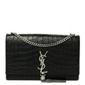 Calfskin Crocodile Embossed Medium Classic Monogram Kate Tassel Satchel Black