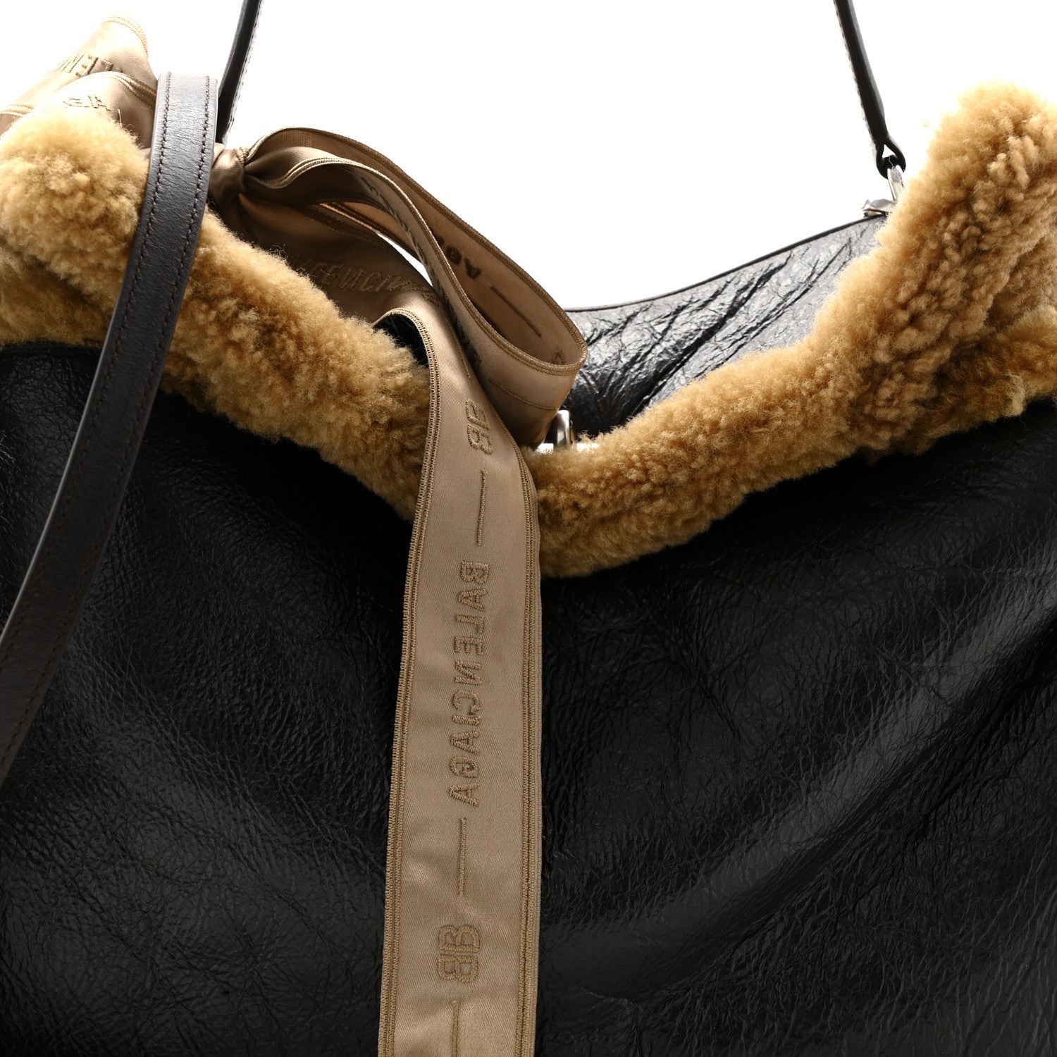 Crushed Calfskin Shearling Medium Rodeo Top Handle Handbag Brown Beige
