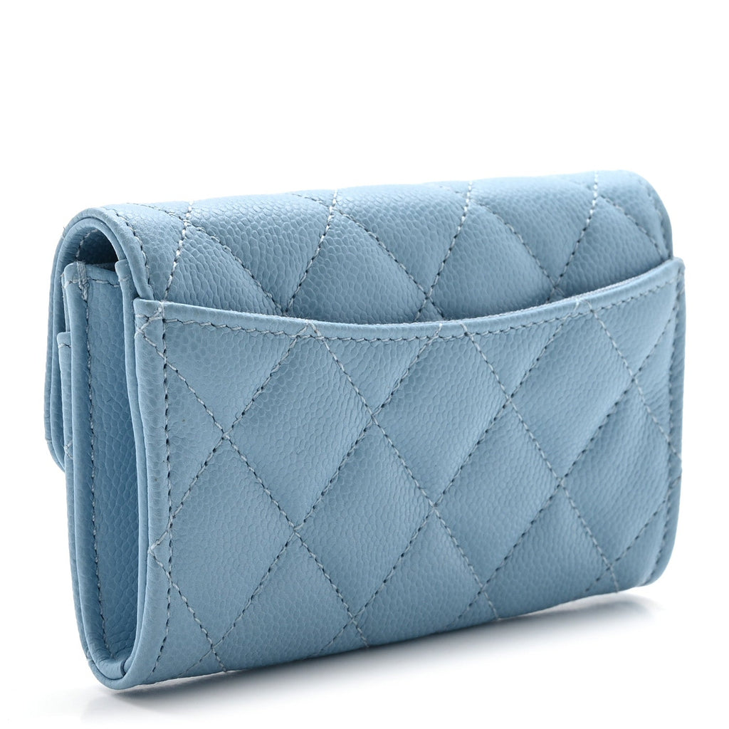 Caviar Quilted Flap  Holder Wallet Light Blue