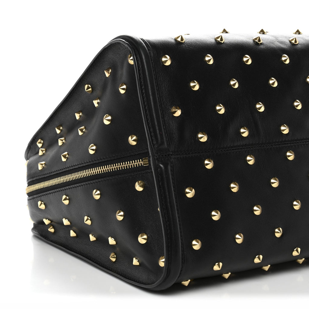 Calfskin Large Studded Padlock Zip Around Tote Black