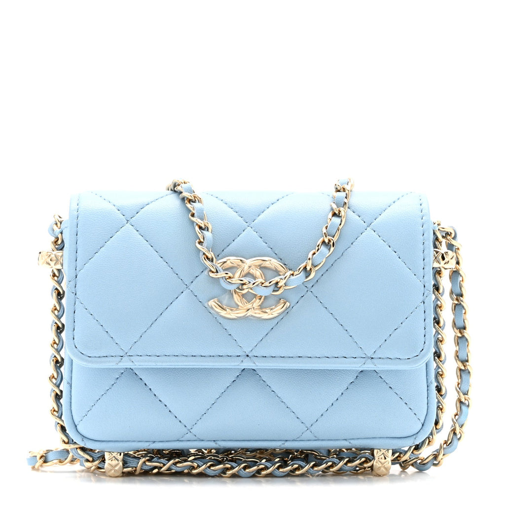Lambskin Quilted Chain Around Coin Purse With Chain Light Blue