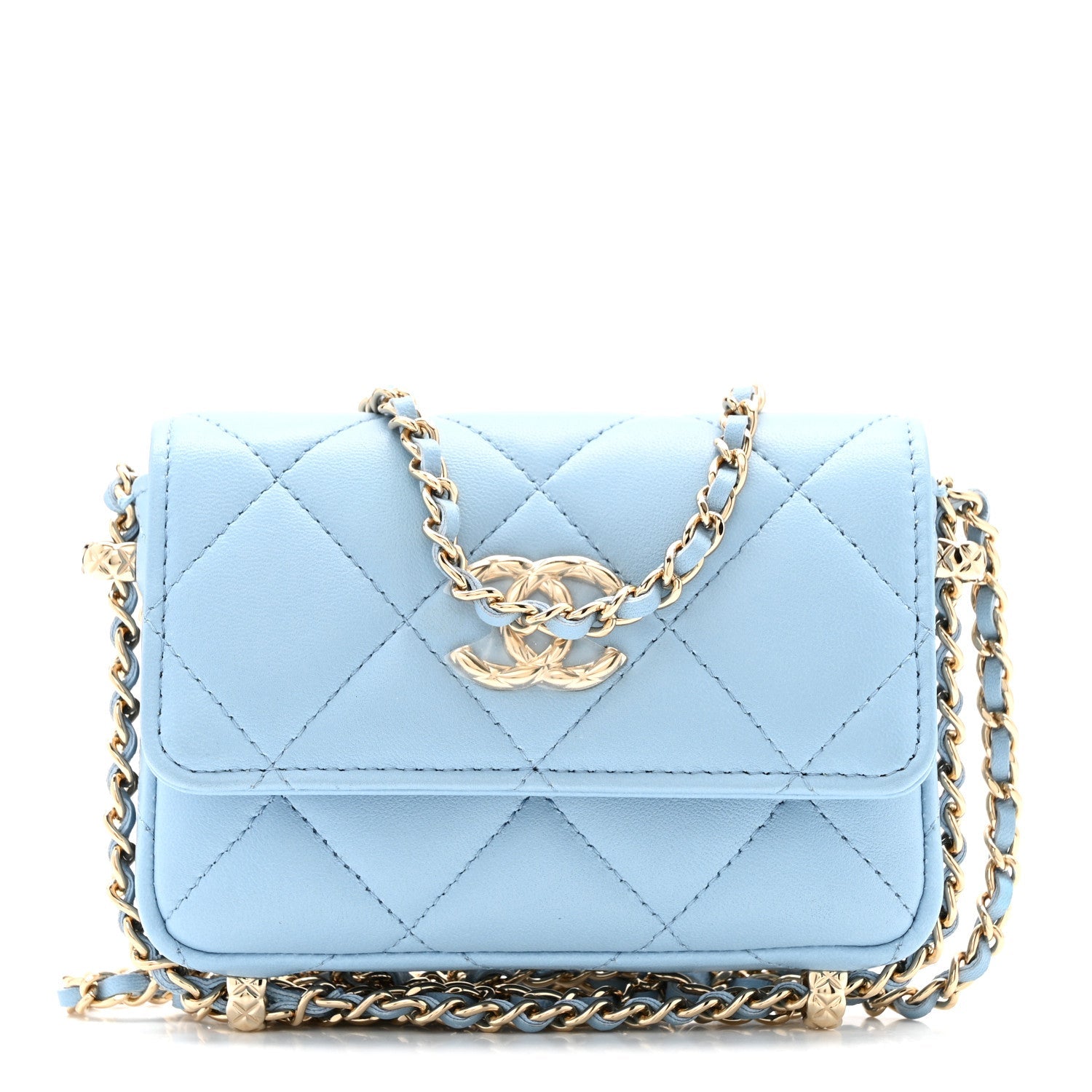 Lambskin Quilted Chain Around Coin Purse With Chain Light Blue