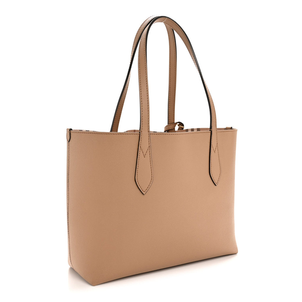 Grainy Calfskin Haymarket Check Small Reversible Tote Mid Camel