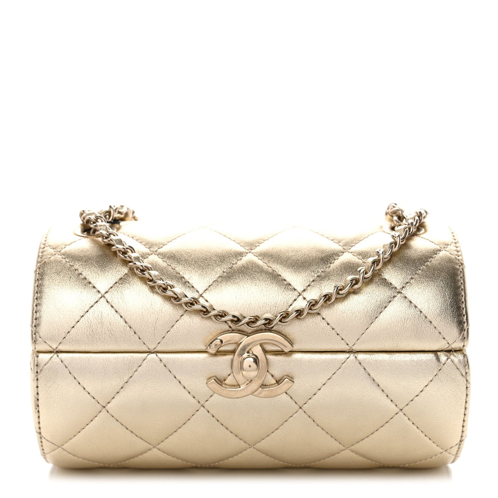 Metallic Lambskin Quilted Barrel Crossbody Bag Gold