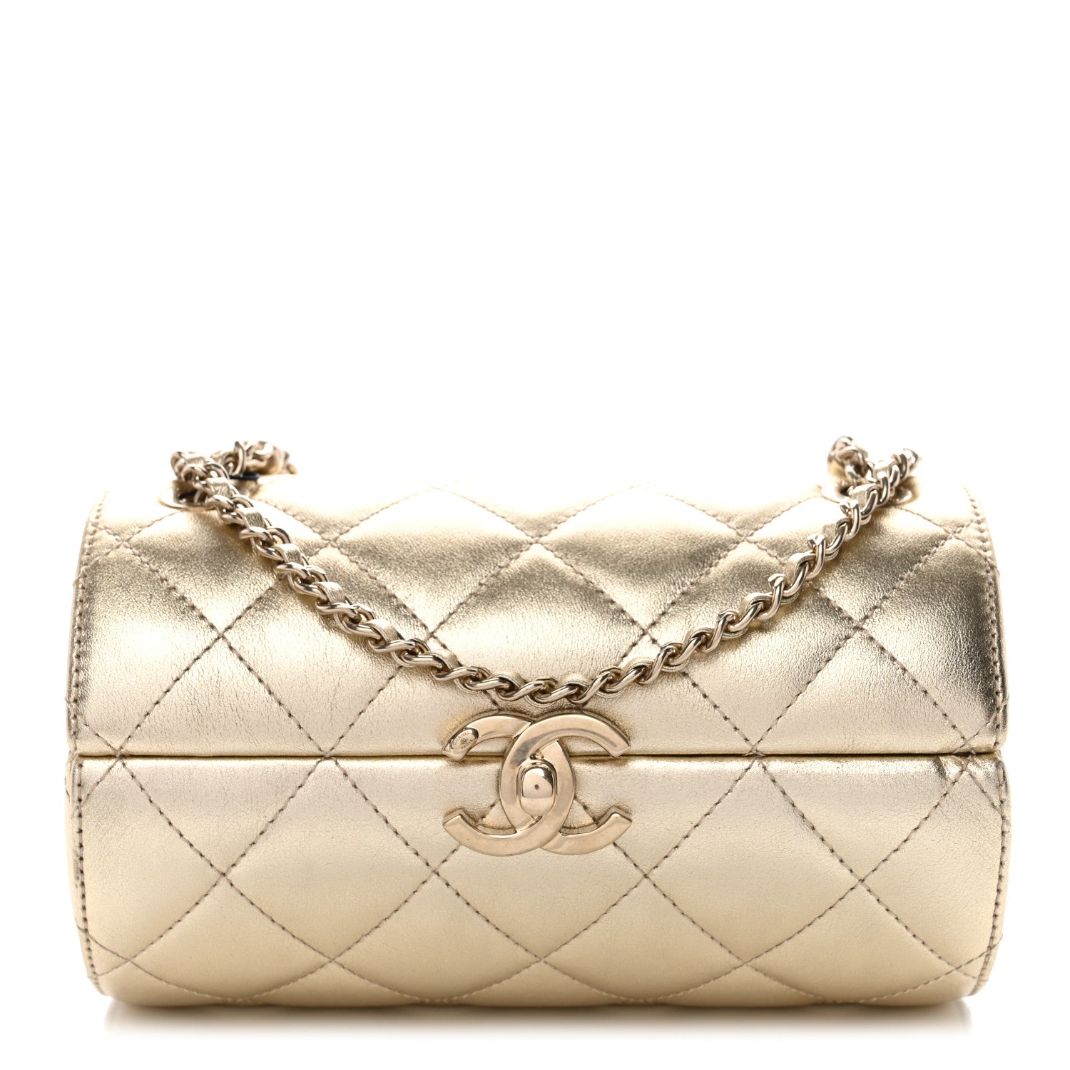 Metallic Lambskin Quilted Barrel Crossbody Bag Gold