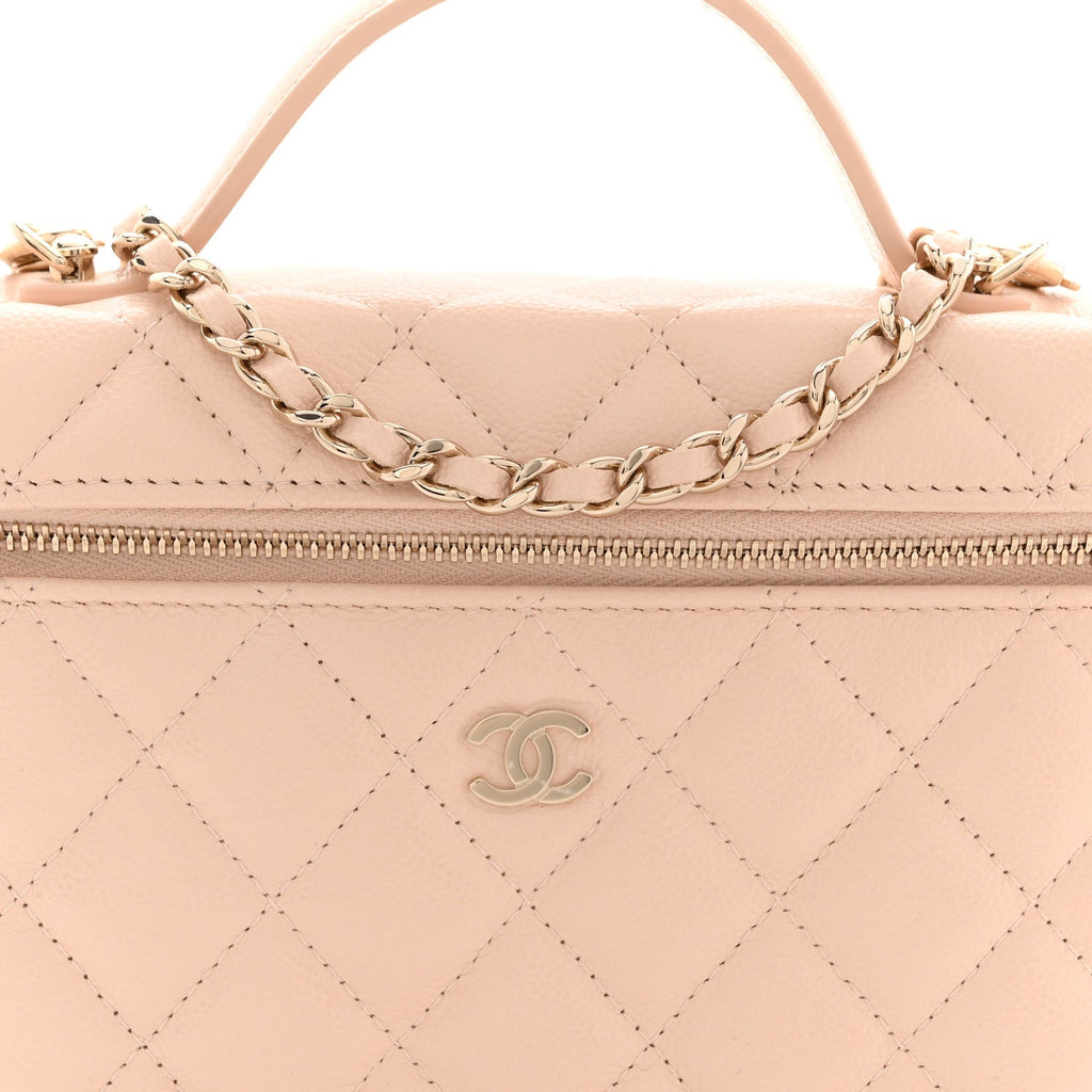 Caviar Quilted Top Handle Slim Vanity With Chain Beige