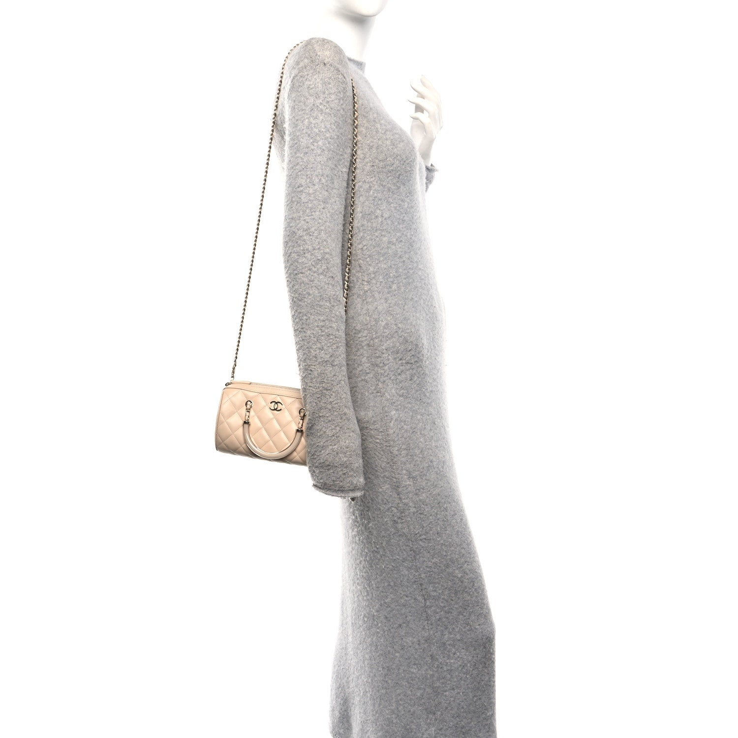 Lambskin Quilted Barrel Clutch With Chain Light Beige