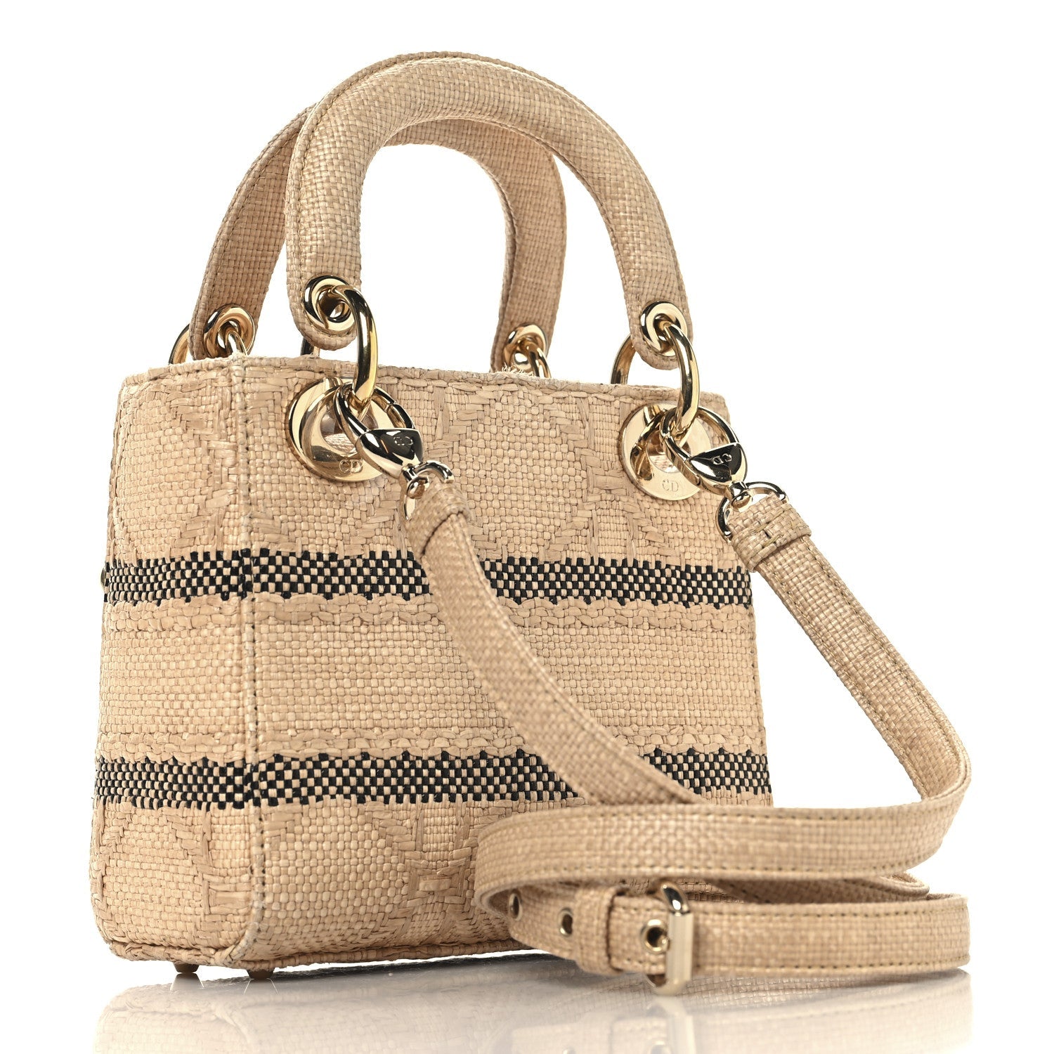 Raffia Woven Cannage Embroidered Mini Lady D-Lite Natural Black