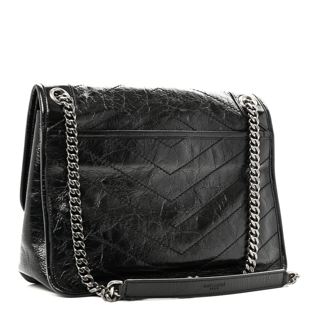 Crinkled Calfskin Matelasse Monogram Medium Niki Chain Satchel Black