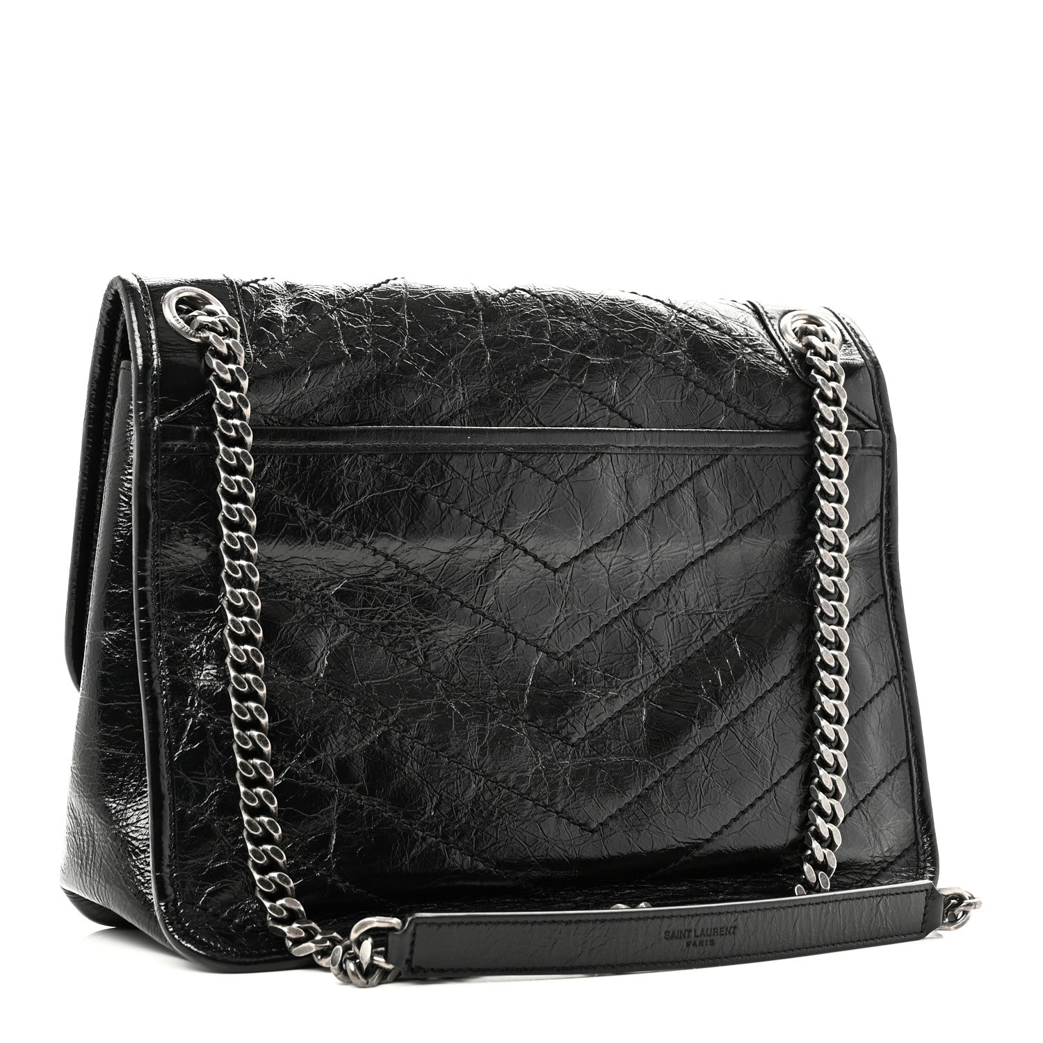 Crinkled Calfskin Matelasse Monogram Medium Niki Chain Satchel Black