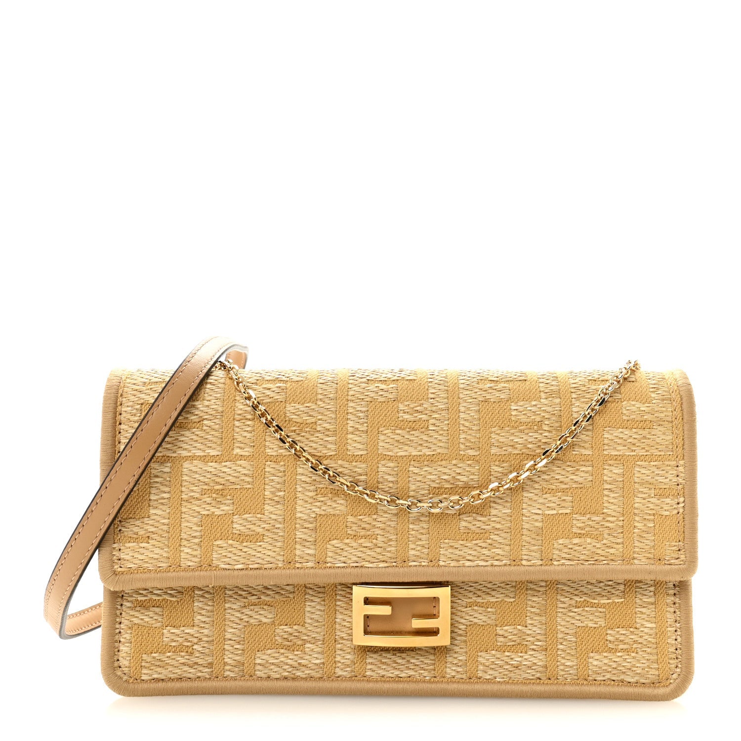 Fabric Jacquard Raffia Straw FF 1974 Wallet On Chain Natural Dark Honey