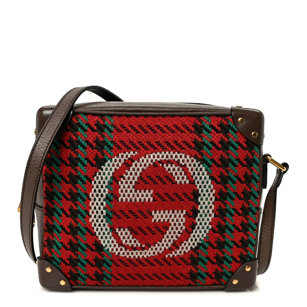 Cotton Wool Textured Calfskin Houndstooth Woven Square Messenger Bag Red Green Ivory Multicolor New Acero