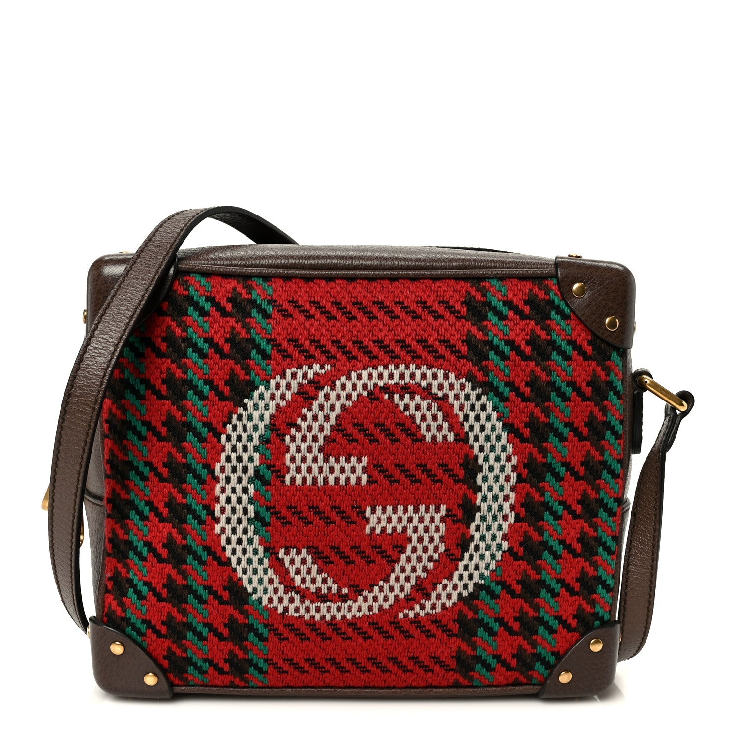 Cotton Wool Textured Calfskin Houndstooth Woven Square Messenger Bag Red Green Ivory Multicolor New Acero