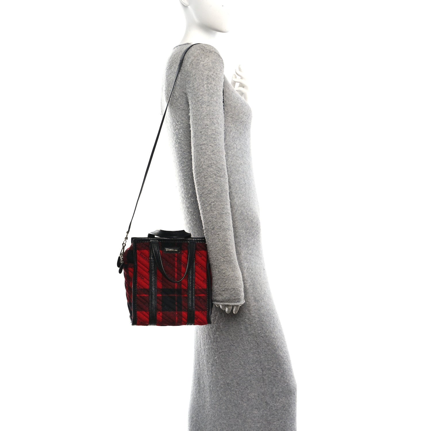 Wool Cuir Arena Plaid Diagonal Allover Logo Matelasse XS Bazar Shopper Tote Red Black