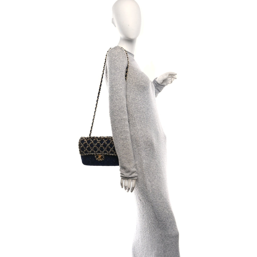 Tweed Sequin Timeless Classic Chained Double Flap Navy Blue