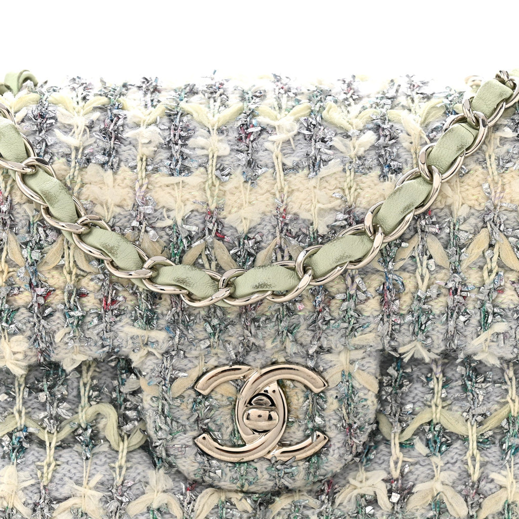 Tweed Quilted Mini Rectangular Flap Light Green Silver White