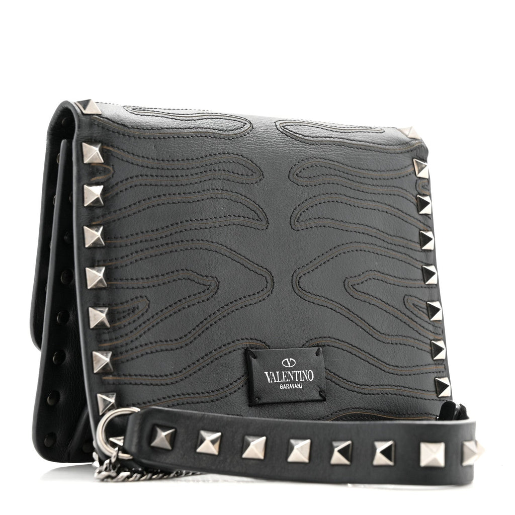 Calfskin Embroidered Rockstud Mini Crossbody Bag Black