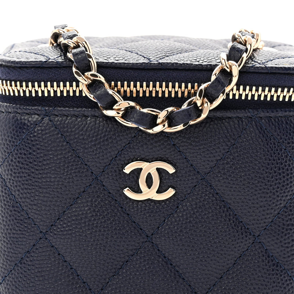 Caviar Quilted Mini Vanity Case With Chain Navy Blue
