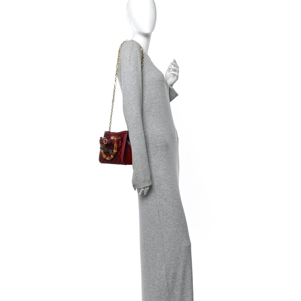 Moire Fabric Calfskin Rhinestone Monogram Monochrome Lizard Embossed Mini Diana Tote Bag Red