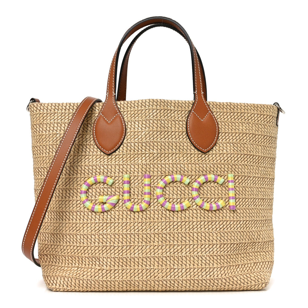 Raffia Woven Logo Patch Medium Tote Bag Natural Brown Multicolor