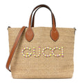 Raffia Woven Logo Patch Medium Tote Bag Natural Brown Multicolor