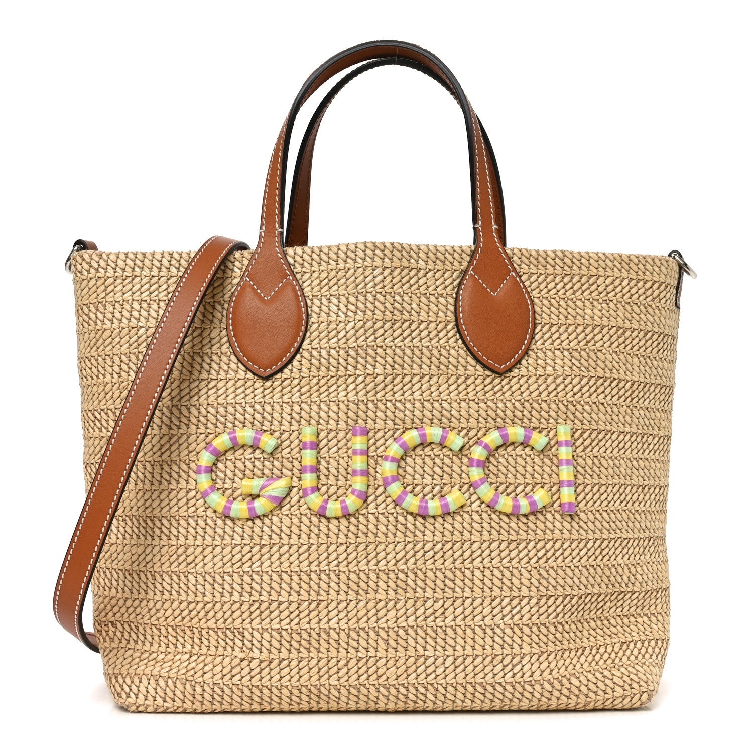 Raffia Woven Logo Patch Medium Tote Bag Natural Brown Multicolor