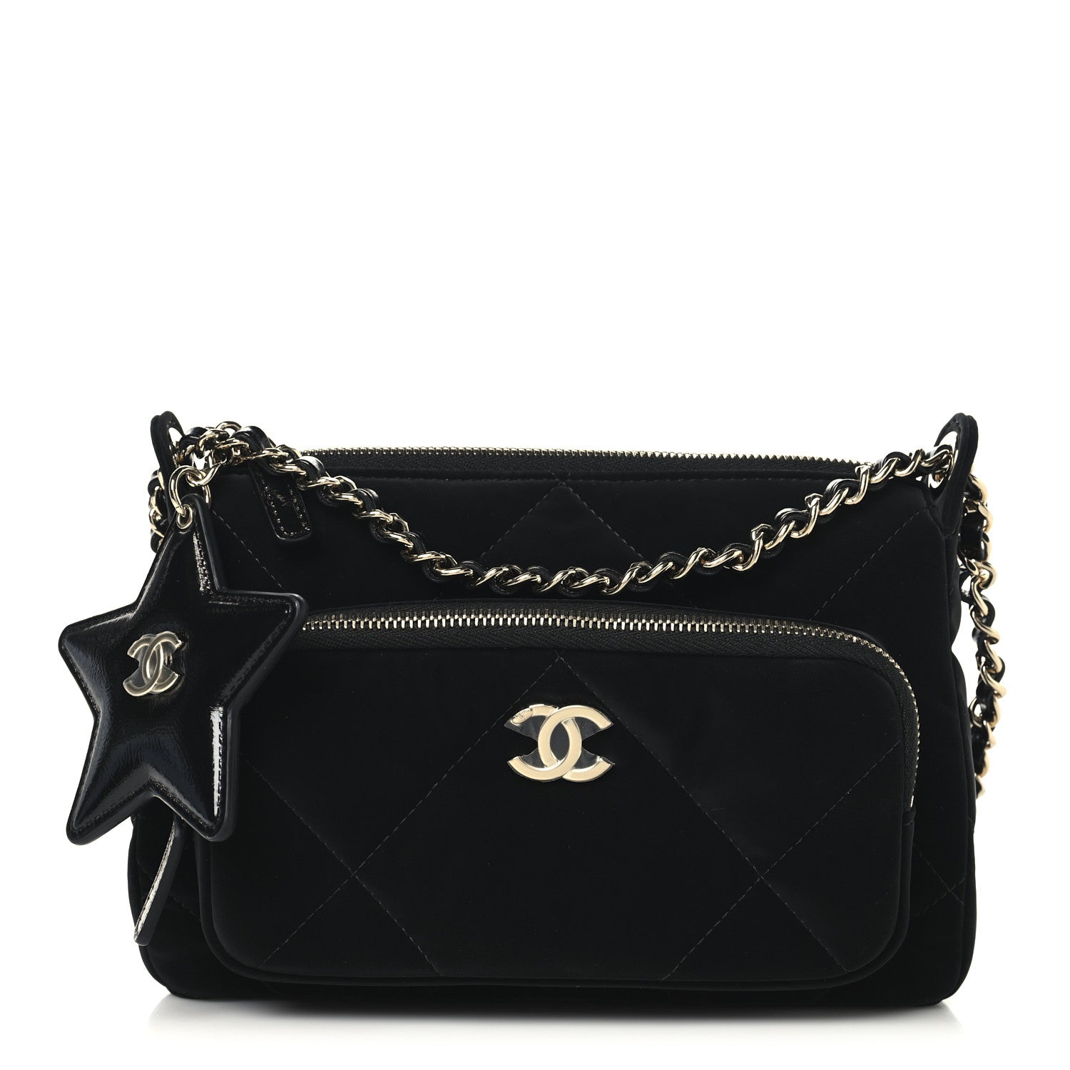 Velvet Effect Nylon Shiny Crumpled Calfskin Quilted Chanel 25 Clutch With Chain Black