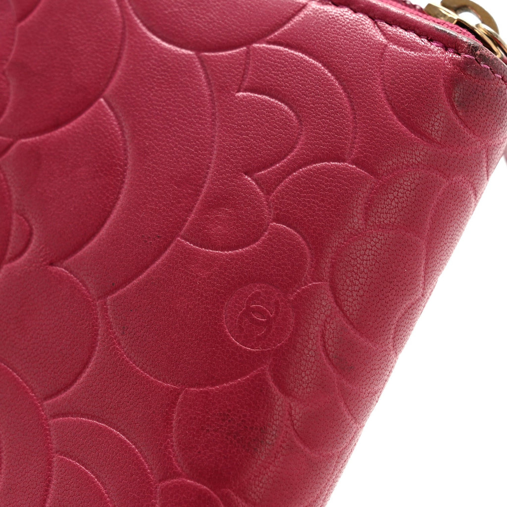 Lambskin Camellia Embossed Large Gusset Zip Around Wallet Fuchsia