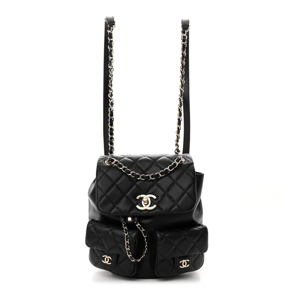 Shiny Caviar Quilted Medium Duma Pockets Drawstring Backpack Black