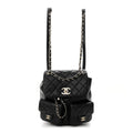Shiny Caviar Quilted Medium Duma Pockets Drawstring Backpack Black