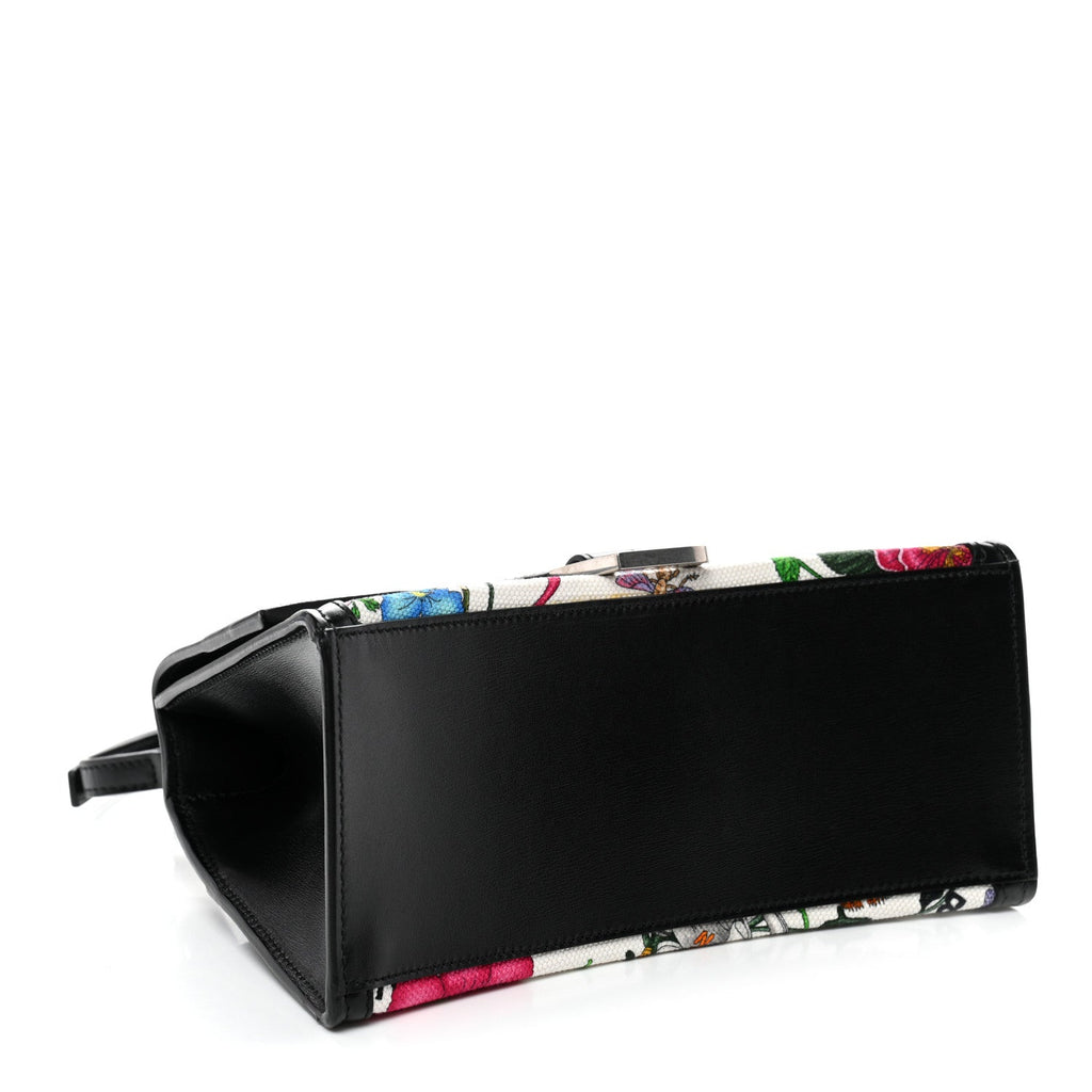 X GUCCI Canvas Boarded Plutone Calfskin Flora Logo Print Small Hourglass Top Handle Bag White Multicolor Black