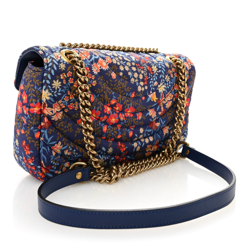 Cotton Calfskin Matelasse Floral Print Small GG Marmont Shoulder Bag Blue Red Deep Ocean Blue