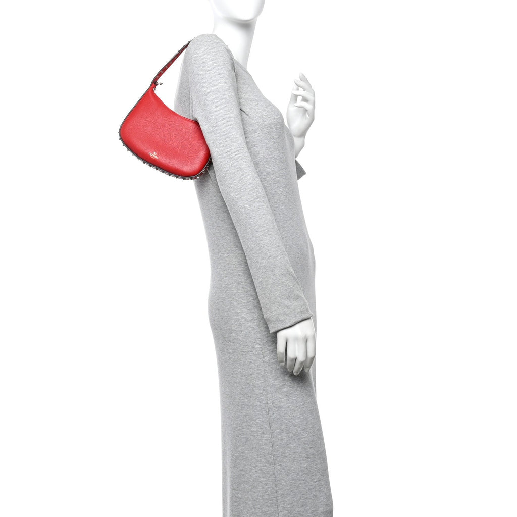 Grainy Calfskin Rockstud Mini Hobo Red