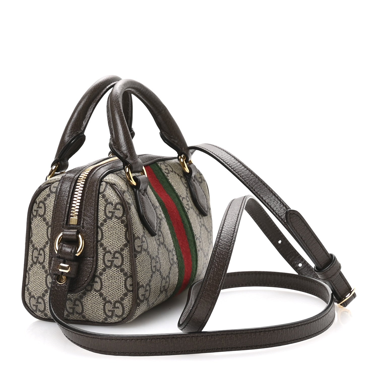 GG Supreme Monogram Textured Dollar Calfskin Web Super Mini Ophidia Top Handle Bowler Bag Beige Ebony New Acero