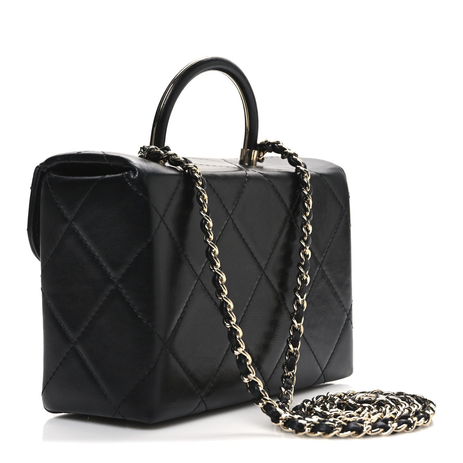 Shiny Calfskin Quilted CC Handle Vanity Flap Bag Black