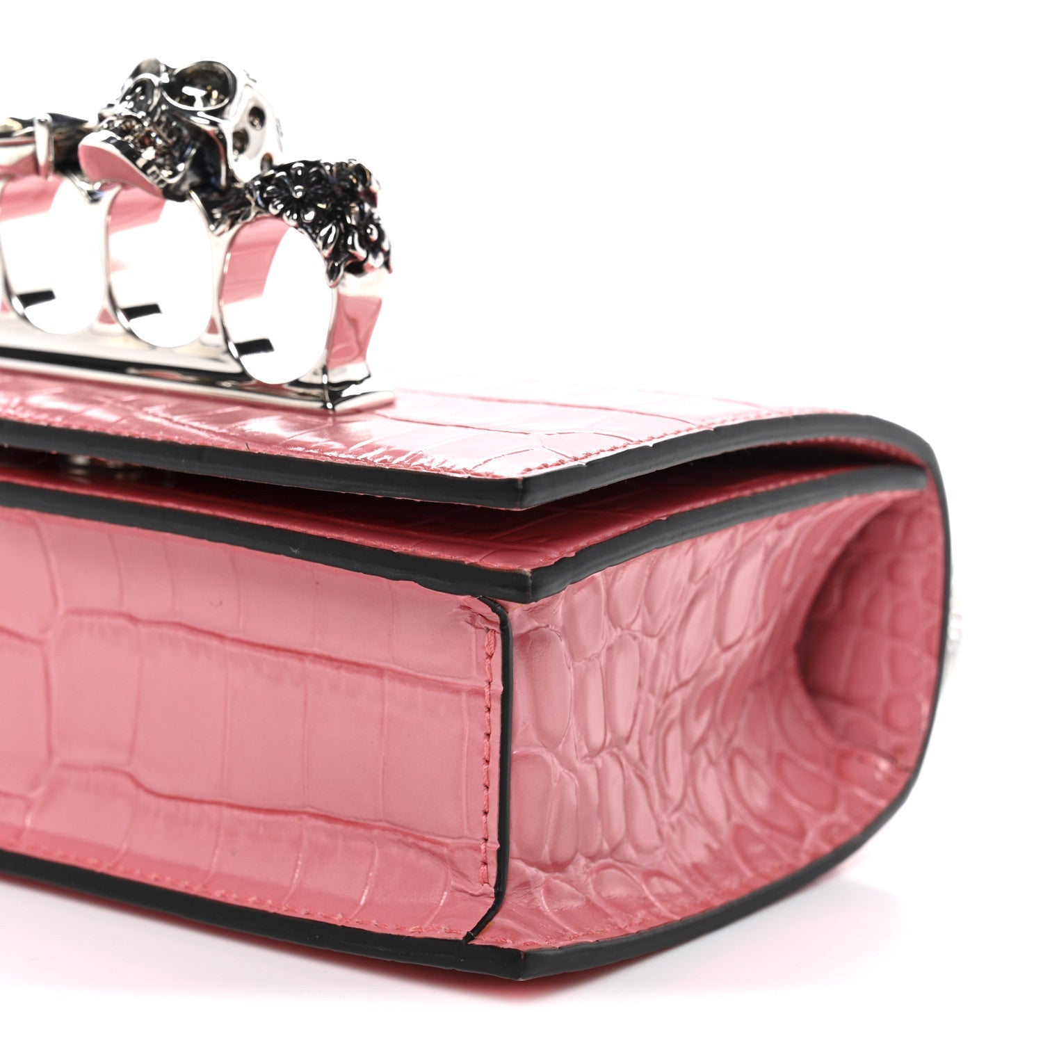 Calfskin Crocodile Embossed Mini Jeweled Knuckle Satchel Pink