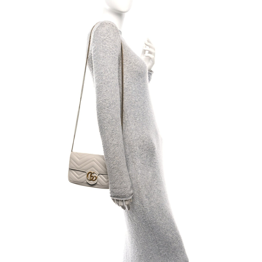 Calfskin Matelasse Mini GG Marmont Shoulder Bag With  Holder White Light Grey