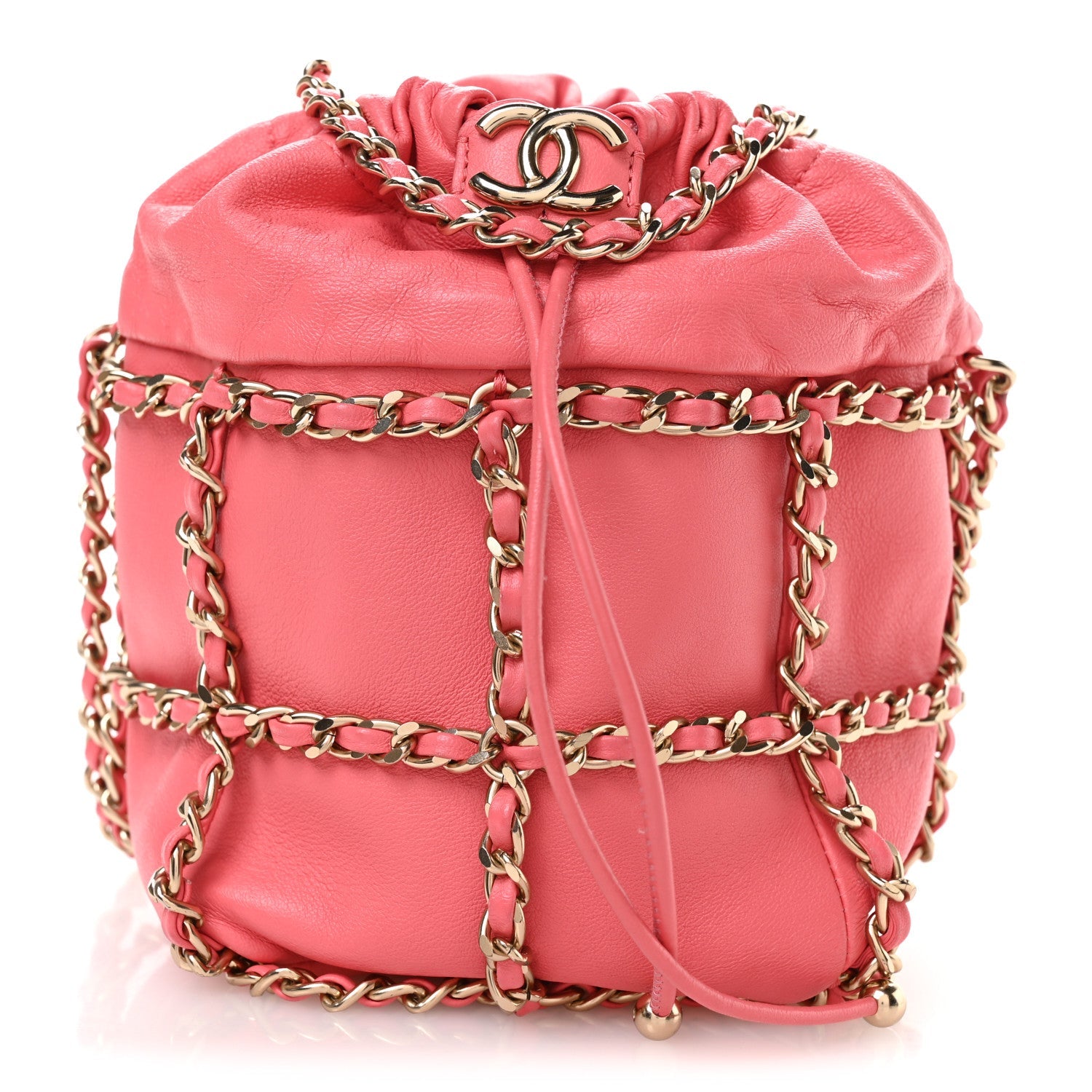 Lambskin Bucket Chain Drawstring Bag Pink