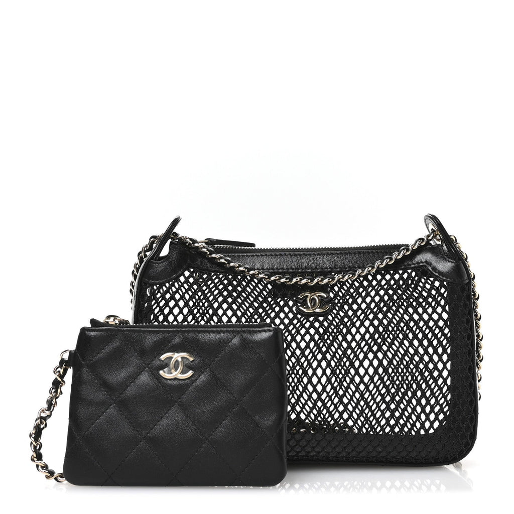 Mesh Shiny Lambskin Clutch With Chain Black
