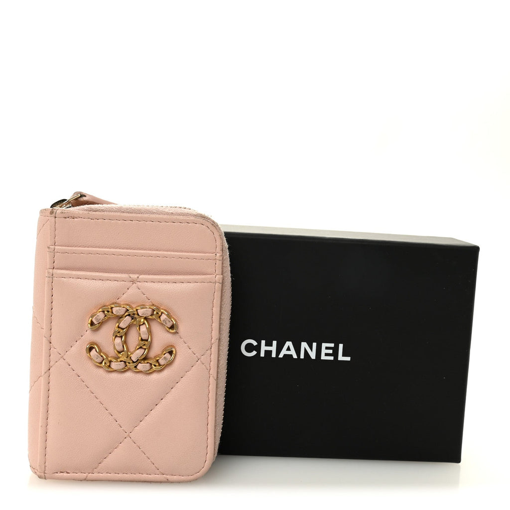 Lambskin Quilted Chanel 19 Vertical Zip  Holder Wallet Light Pink