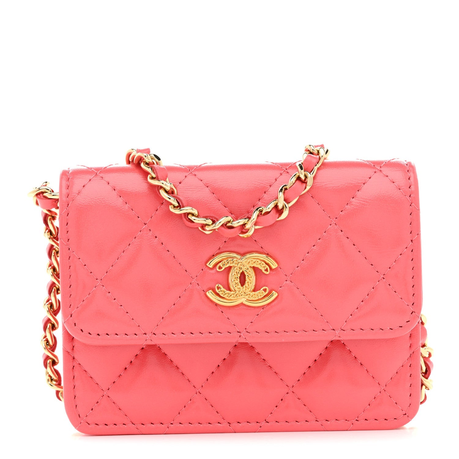 Shiny Lambskin Quilted  Holder On Chain Pink