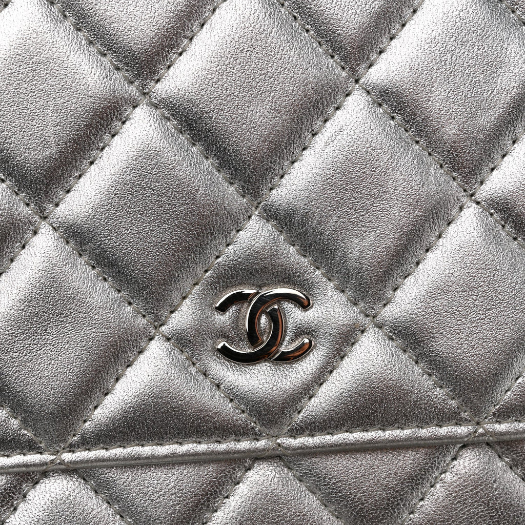 Metallic Lambskin Quilted Wallet On Chain WOC Silver