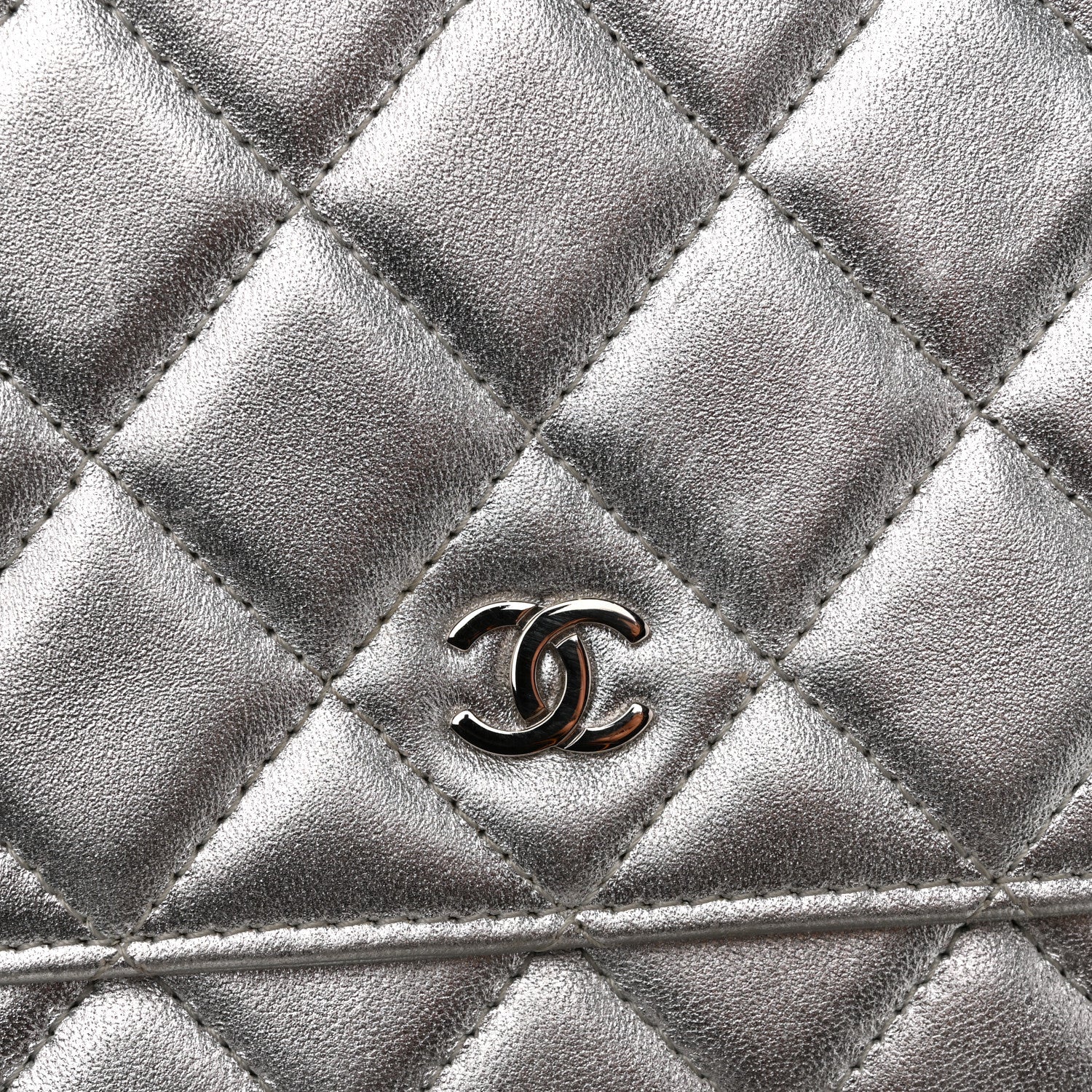 Metallic Lambskin Quilted Wallet On Chain WOC Silver