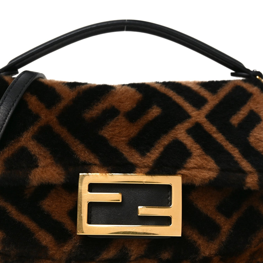 Shearling Vitello Dolce Macro FF 1974 Mini Baguette Tobacco Black